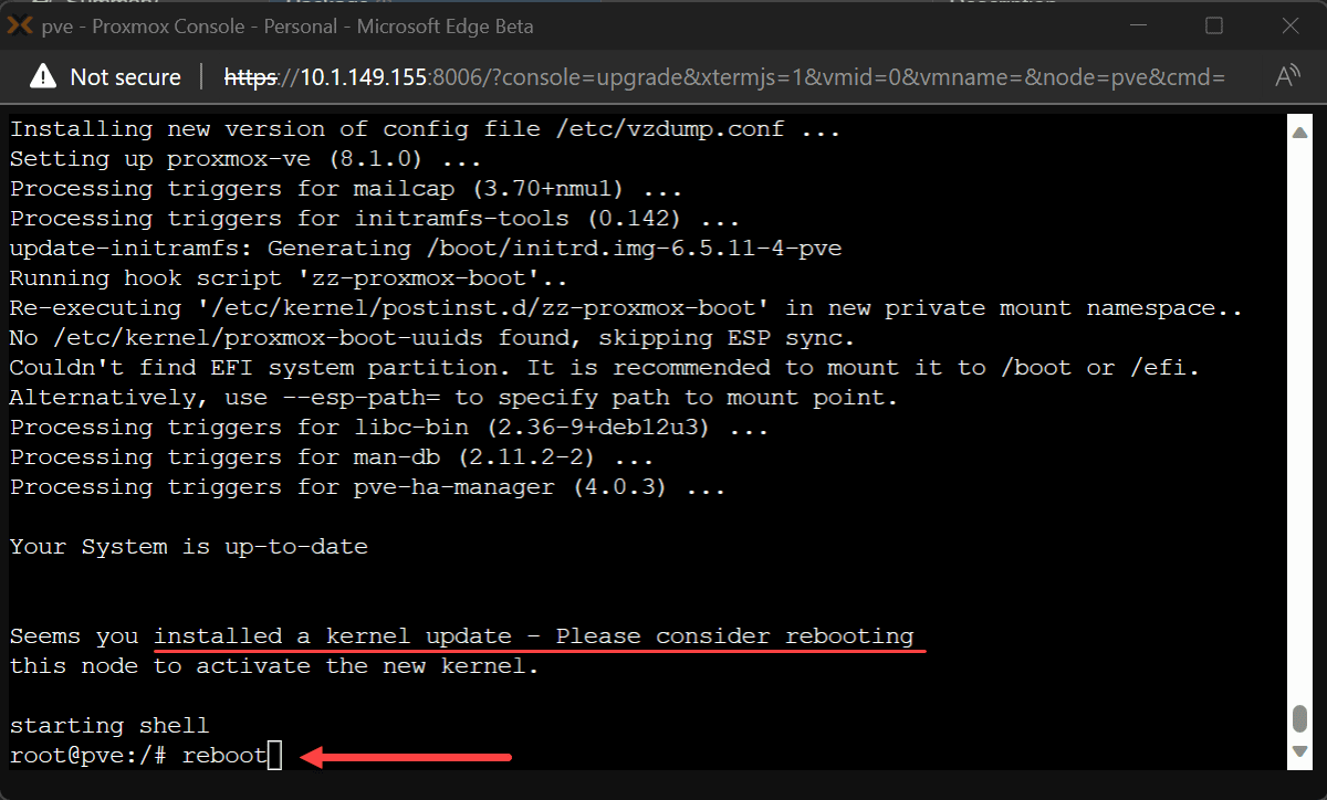 Reinicialize após a atualização do proxmox 8.1 e a atualização do kernel