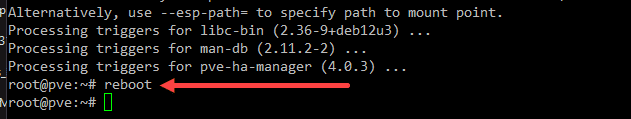 Executando o comando reboot para reinicializar o proxmox e instalar o novo kernel