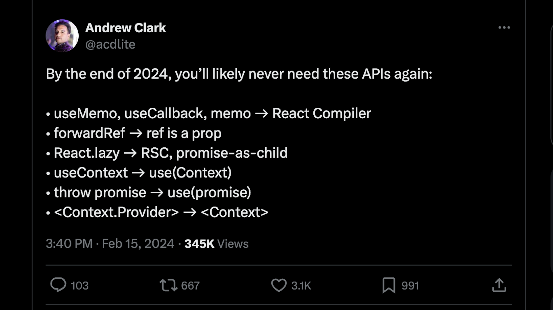 Tweet por Andrew Clark, membro da equipe principal do React