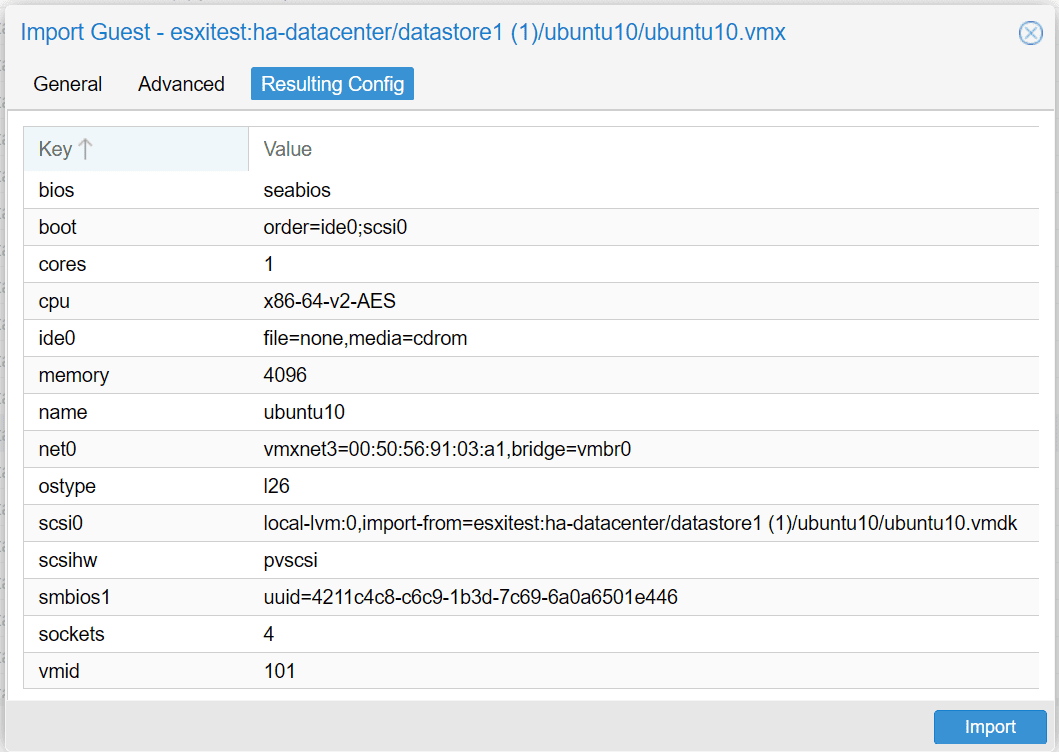 Configuração resultante para vmware esxi vm import