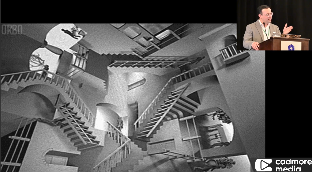 Captura de tela da palestra de Thomas Padilla no NISO Plus 2024 (quando a IA aberta parece uma pintura de MC Escher)
