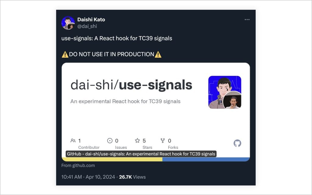 Captura de tela do Tweet de Daishi anunciando sinais de uso 