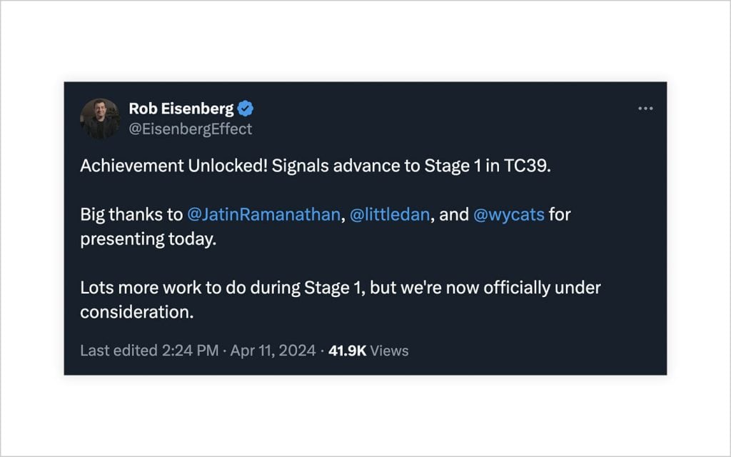 Captura de tela do Tweet de Rob anunciando o progresso do Signal para o estágio 1