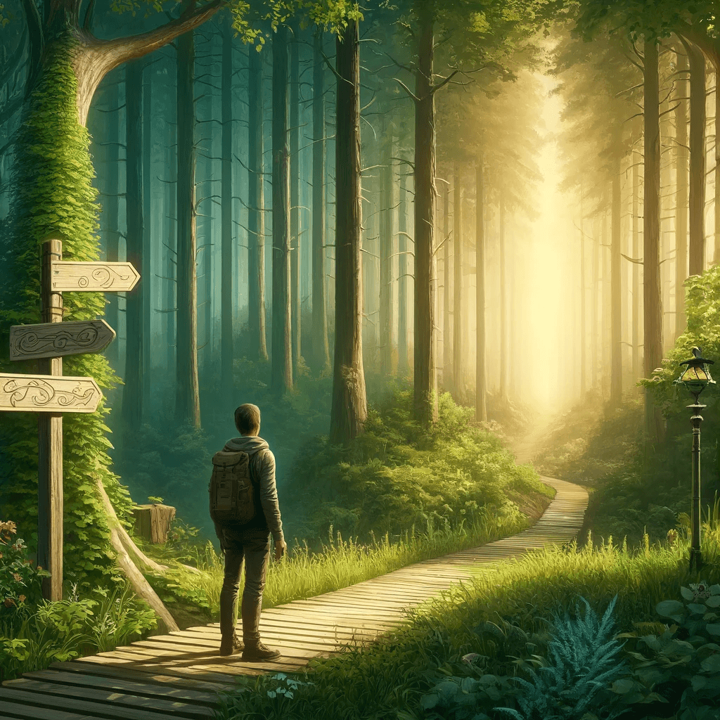 Imagem gerada por IA de uma pessoa andando em um caminho iluminado