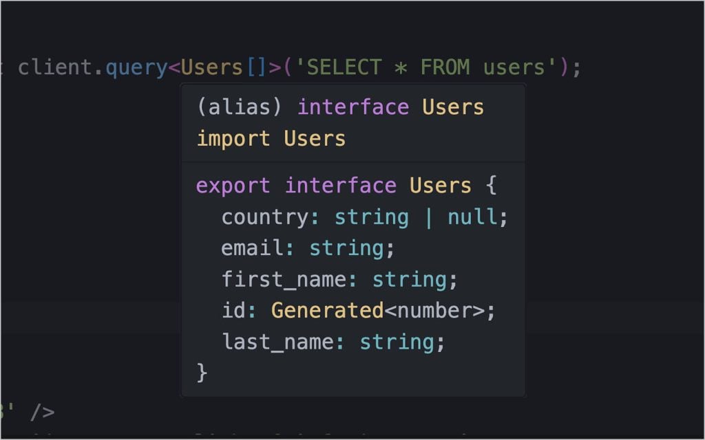 Captura de tela da visualização do tipo TypeScript no VS Code