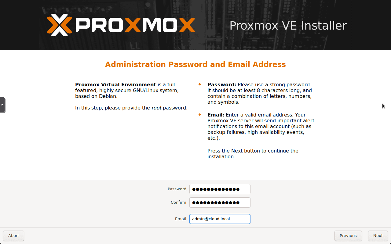 Configure a senha root para a instalação do proxmox