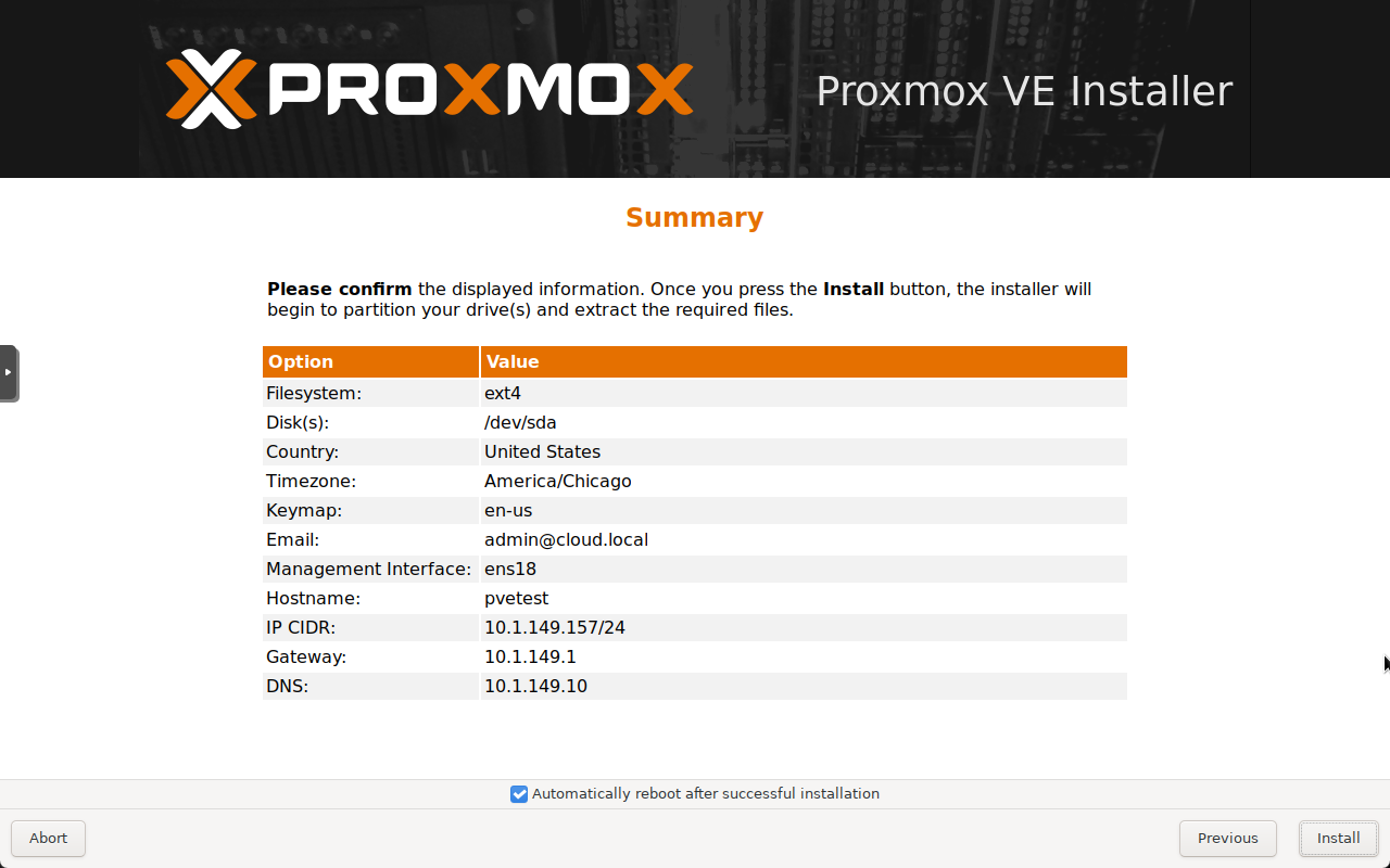 Tela de resumo da instalação do Proxmox