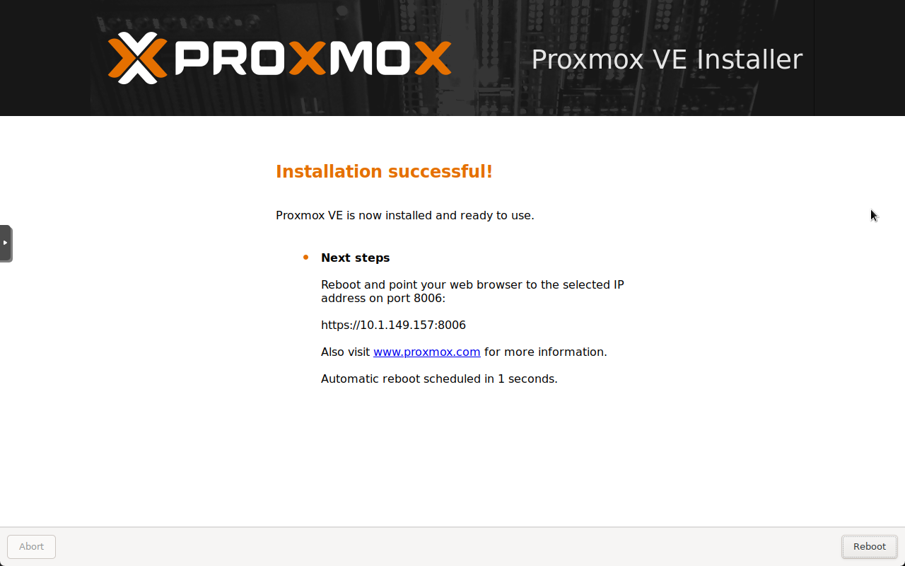 A instalação do proxmox foi bem-sucedida