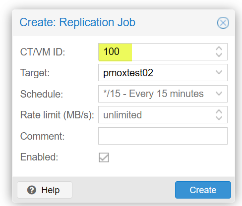 02 selecione o ID do contêiner vm ou lxc que você deseja configurar para replicação proxmox