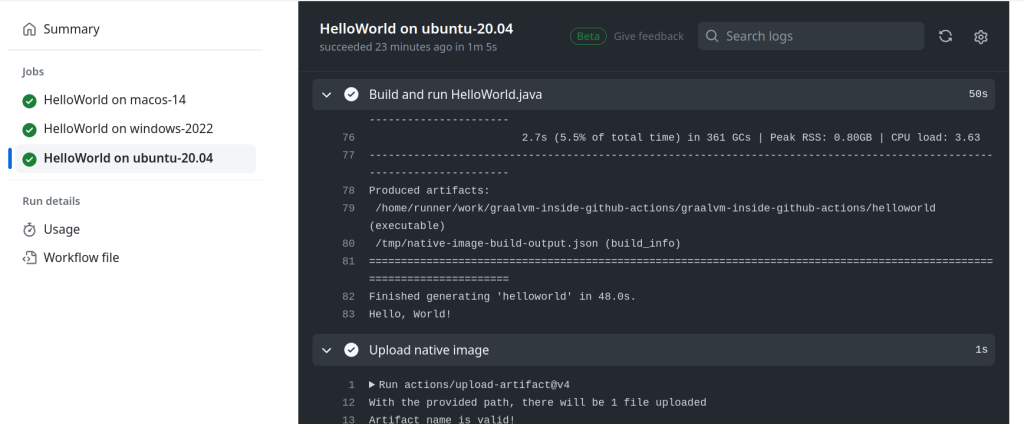 Log de construção para o trabalho HelloWorld em execução no ubuntu-20.04.