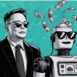 Arte de linha de IA representando Elon Musk em preto e branco ao lado de um robô cuja cabeça está jorrando dinheiro contra um fundo azul-petróleo