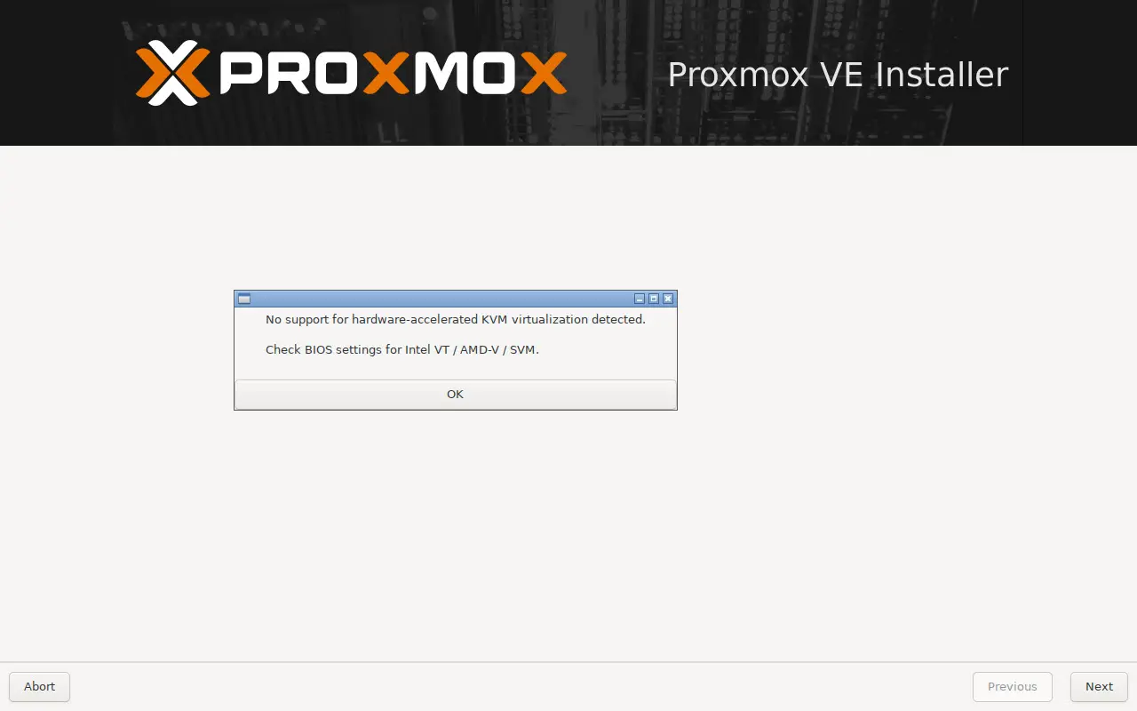 Erro na instalação do proxmox sem suporte de virtualização de hardware
