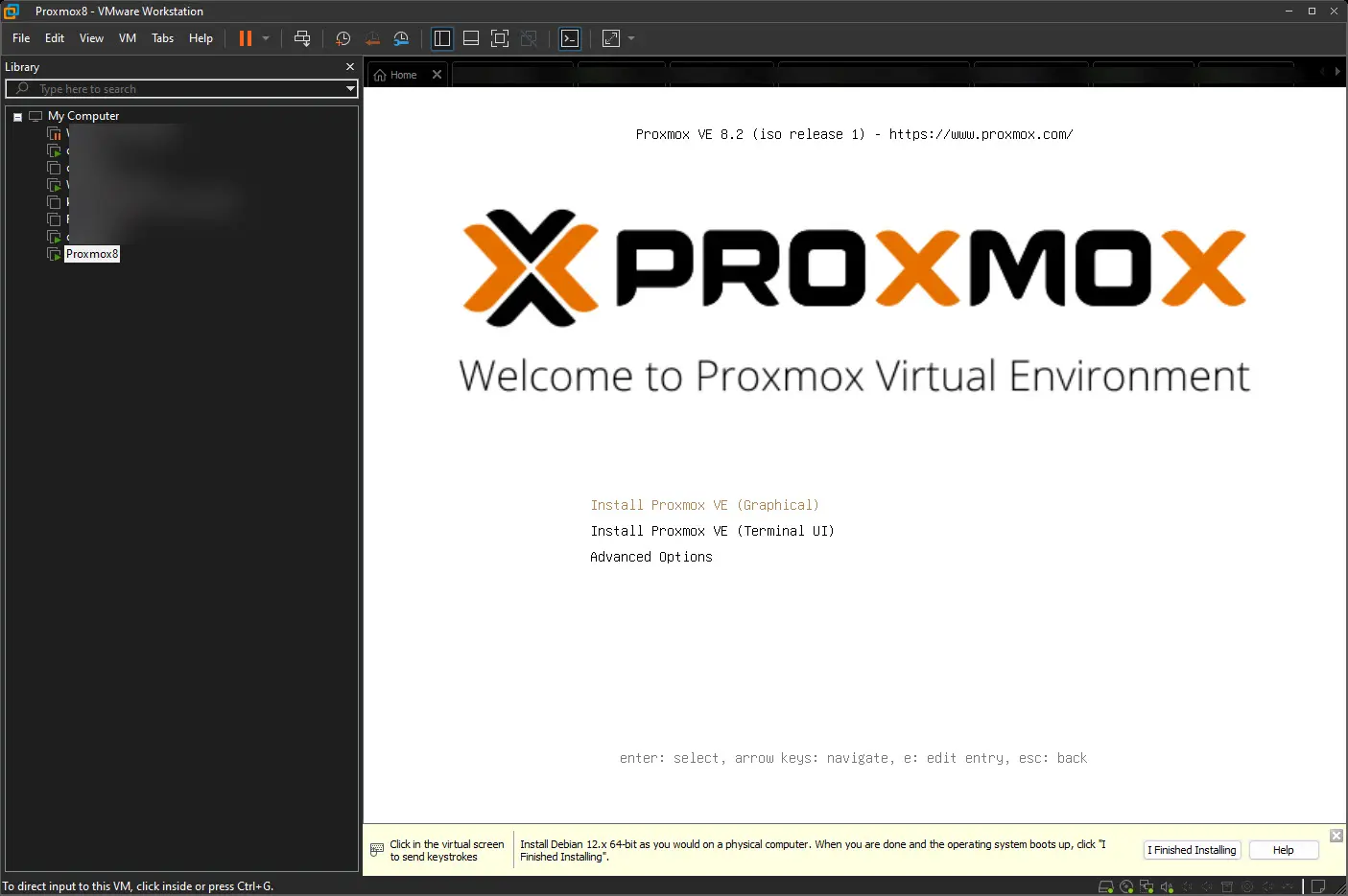 Iniciando a instalação gui do proxmox na estação de trabalho VMware