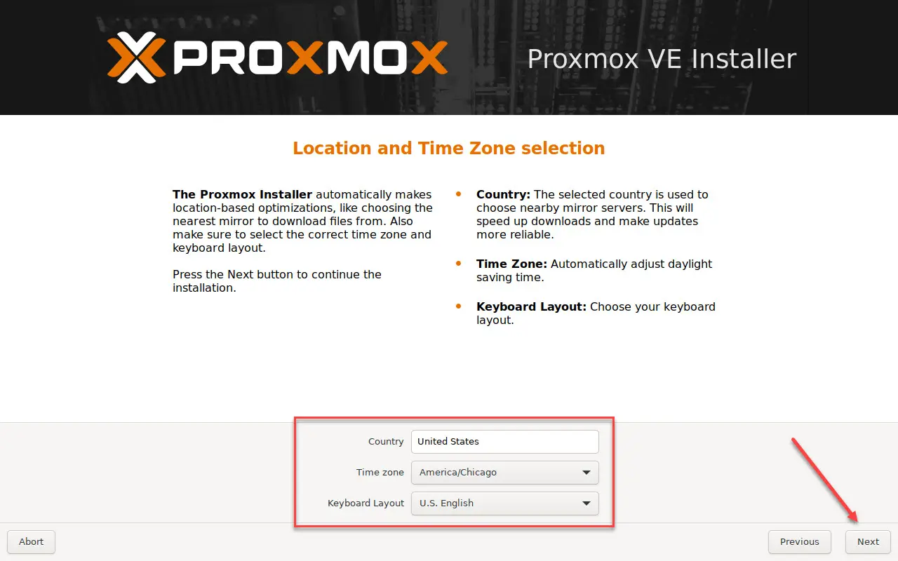 Defina a localização e fuso horário do proxmox