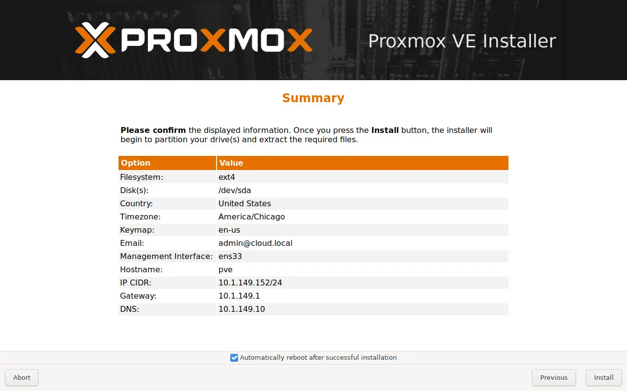 Tela de resumo da instalação do proxmox