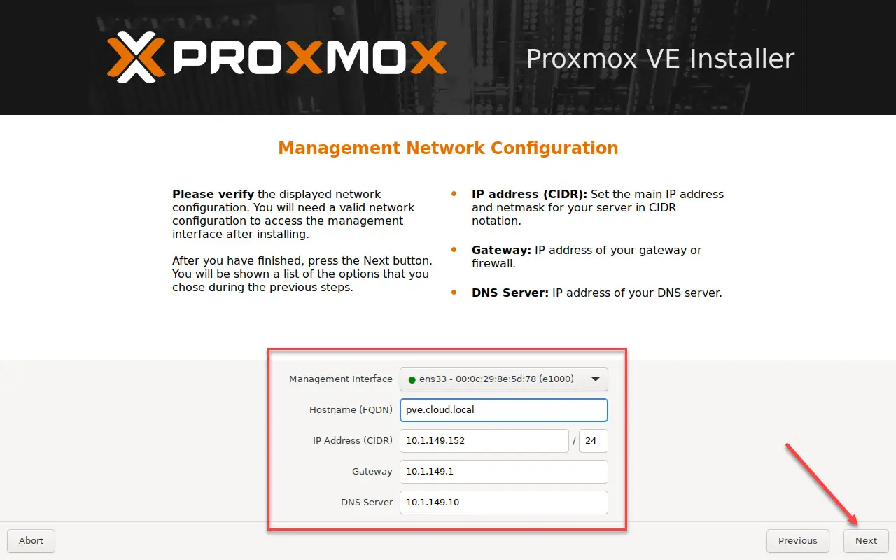 Configuração de rede durante a instalação do proxmox na estação de trabalho VMware