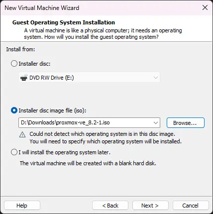 Selecione como deseja instalar o proxmox na estação de trabalho VMware para arquivos de instalação de convidados