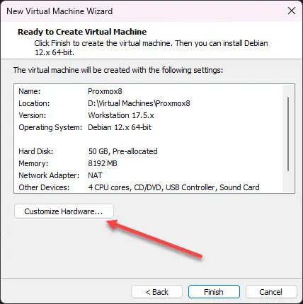 Pronto para criar a nova máquina virtual proxmox na estação de trabalho VMware