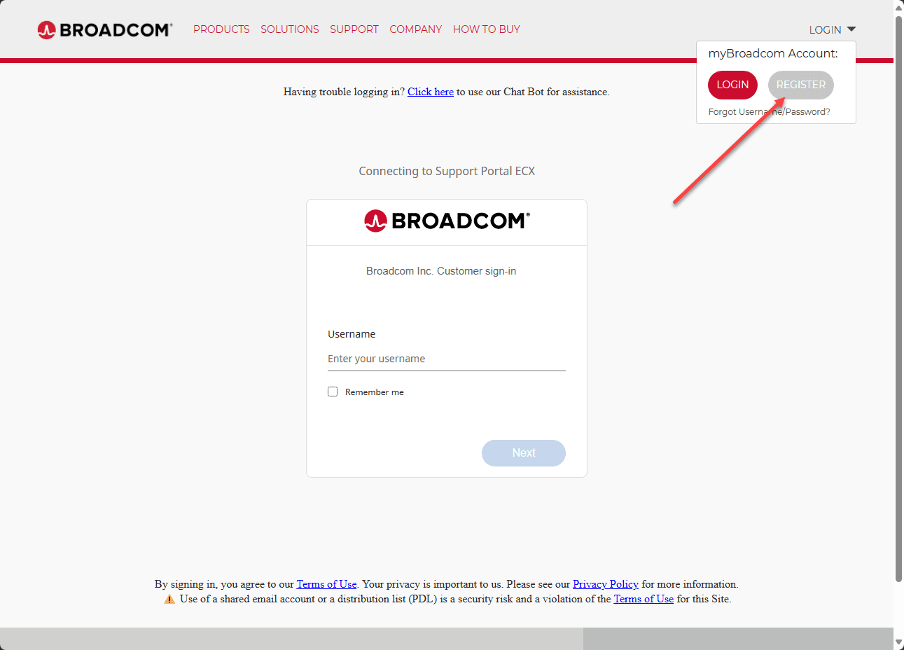 Registre-se para uma conta Broadcom 1