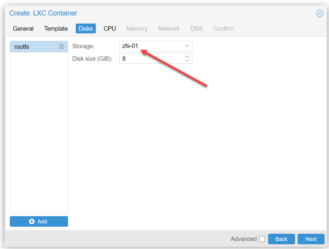 Configure seu contêiner vm ou lxc para usar um pool zfs para o armazenamento de origem