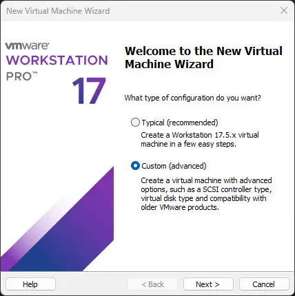 Iniciando o processo de criação de uma nova VM na estação de trabalho VMware