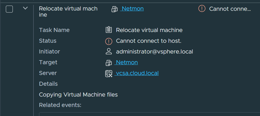 Não é possível conectar ao host VMware erro durante o armazenamento vmotion