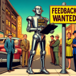 Robot fica ao lado de uma placa de Feedback Wanted cercado por homens e mulheres elegantemente vestidos em estilo de arte de IA em quadrinhos da era de ouro
