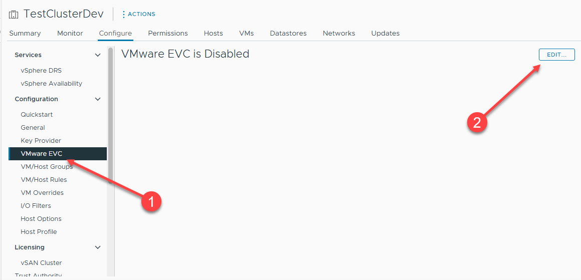 Editando as configurações do cluster VMware EVC