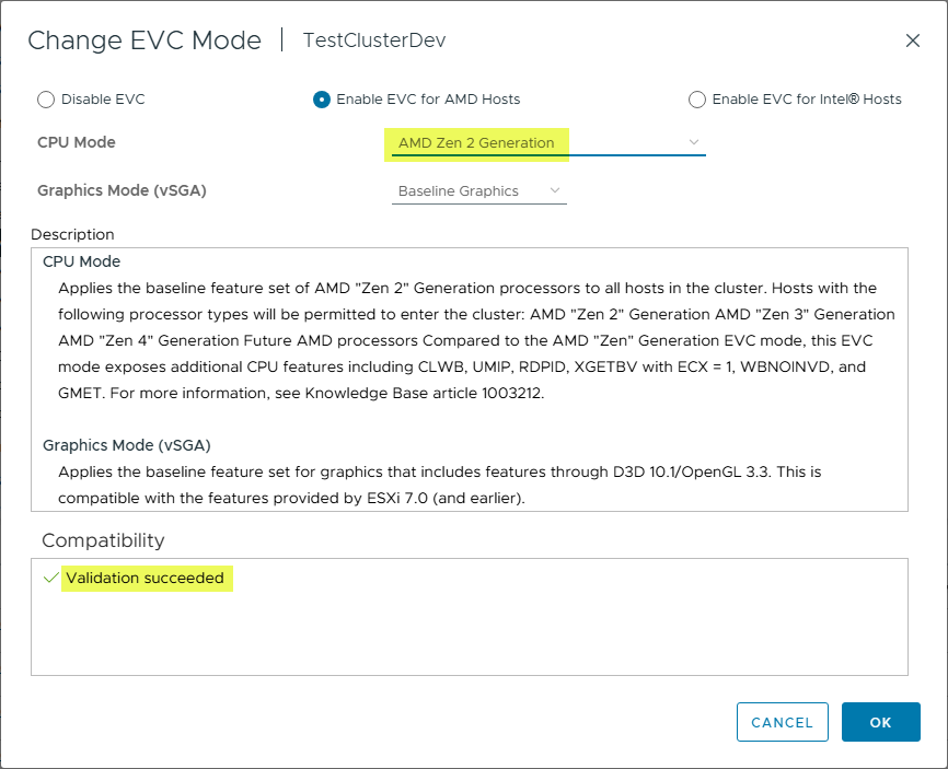 Validação bem-sucedida para configuração do VMware evc