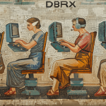 Mosaico de azulejos gregos de pessoas trabalhando em computadores em trajes antigos e togas, vista de perfil abaixo do texto lendo DBRX