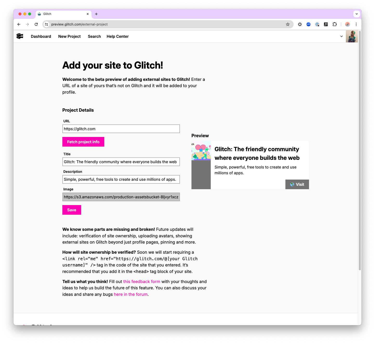 Adicionando um novo site ao Glitch