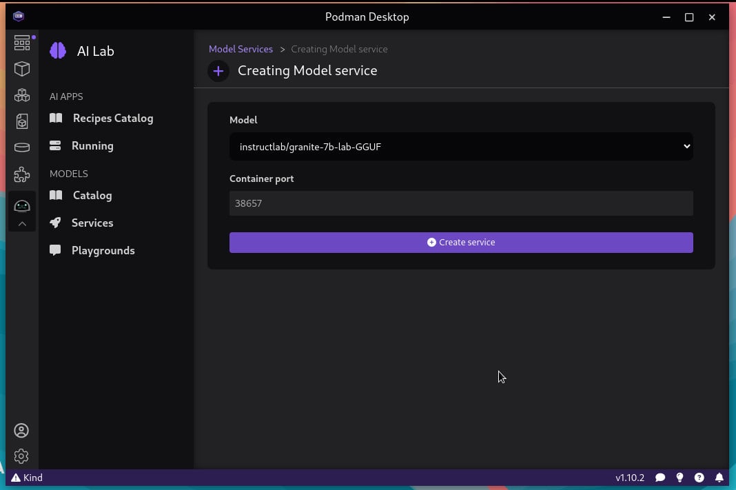 Uma captura de tela mostrando como criar um serviço no Podman AI.