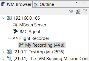 Verifique o andamento da gravação expandindo a conexão JVM remota no Navegador JVM.