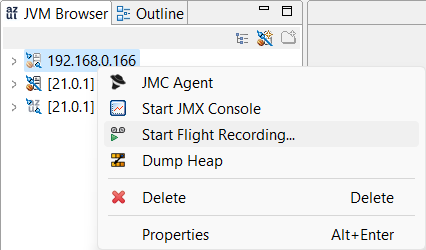 No Azul Mission Control, vá para o navegador JDK, clique com o botão direito na conexão JVM remota e selecione Iniciar gravação de voo.