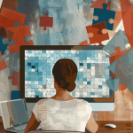 Uma mulher de cabelos castanhos sentada em frente a um computador cercada por peças de um quebra-cabeça laranja e azul queimadas no ar ao seu redor